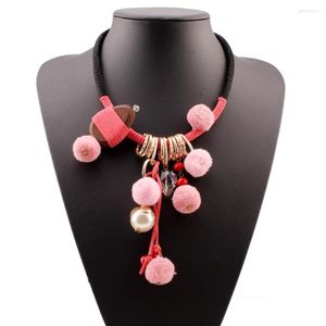 Choker Bib Long Gold Color Chain Pom Ball Pendant Necklace For Women Colorful Cotton Tassel Spike Statement