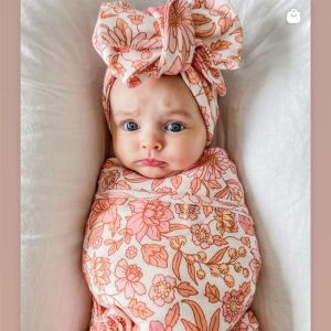 Newborn Infant Baby Swaddle Sleeping Cloth Florals Baby Muslin Blanket With Headband 2pcs/set