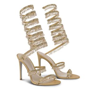 Guld Serpentine Winding Women Sandals Ankel Wrap Crystal Stiletto Summer Gladiator Dress Pumpar Luxury Party High Heel Shoes