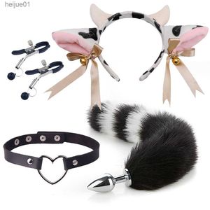 Adult Toys Multiple Styles Cute Fox Tail Anal Plug Cows Ears Headbands Set Adult Games Nipples Clip Collar Erotic Cosplay Sex Toy for Women L230518
