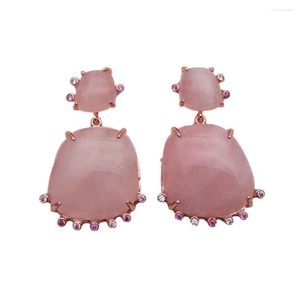 Stud Earrings KKGEM 23mm Natural Trapezia Shape Rose Quartz Gold Plated Cz Crystal Unique