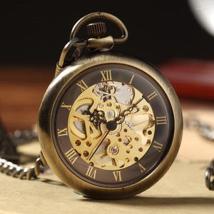 Pocket Watches Vintage Bronze Skeleton Mechacnical Hand Winding Mens Luxury Fob Chain Roman Numbers Full Steel Man Watch