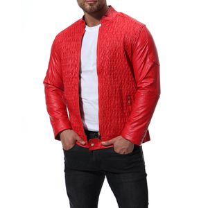 Lässige Herren-Bikerjacke aus rotem Leder mit Stehkragen und Reißverschluss für Herren in Übergröße