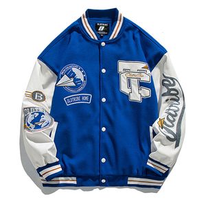 Herrenjacken Stickerei Blaue Bomberjacke Männer Vintage Lederärmel Varsity Baseball Mäntel Frauen Oversize Letterman Lose Herbst Uniform 230531