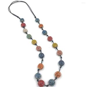 Pendant Necklaces Vintage Ethnic Colorful Ceramic Beads Long Necklace Adjustable Changeable Size Flowers Knotted