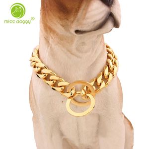 Collars 15mm Stainless Steel Dog Collar Gold Chain Luxury Designer Durable Training P Chain for Large Dogs Doberman Pitbull Rottweiler