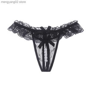 Briefs Panties sexy panties lace crotchless thongs G strings tempting open crotch low waist pearl thong ladies panties with beadings for women T23601