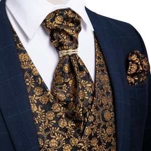 Vests Fashion Suit Vest Men Waistcoat Gold Floral Silk Wedding Vest Ascot Tie Handkerchief Set Formal Dress Sleeveless Jacket DiBanGu