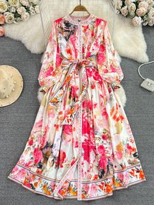 Casual Kleider Frühling Herbst Blumendruck Langes Kleid Frauen Roben Einreiher Laterne Ärmel Schärpen Schnüren Lose Gerade Vestidos Longo