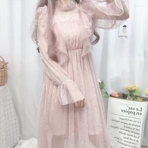 Casual Kleider Koreanische Elegante Party Tüll Kleid Frauen Japanische Lolita Rüschen Mesh Langarm Rosa Mädchen Prinzessin Midi Galaxy Tutu set