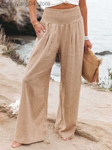 Women's Pants Capris Spring Summer Cotton Linen Style Women Loose Long Trousers Leisure Solid High Waist Ruched Beach Wide Leg Pants with Pocket T230531