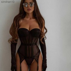 Briefs trosor Yimunancy 2-stycken Mesh Lingerie Set Spaghetti Strap Patchwork Classic Black Erotic Set Padded Breif Set Nightwear L230518