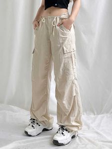 Calça Cargo Feminina 2023 Nova Moda Baggy Mais do que Um Bolso Calças de Pernas Largas com Cordão Streetwear Calças Retas Casuais