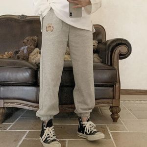 Women's Pants Gray Sweatpants Women Autumn Winter Elastic Waist Casual Fleece Cute Bear Embroidery Warm Trousers