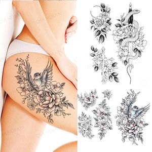 Tatuagens de flor preta rosa à prova d'água, temporária, pássaro, cobra, sexy, corpo, braço, perna, gema, tatuagem de henna, moda, grande, manga falsa, adesivo