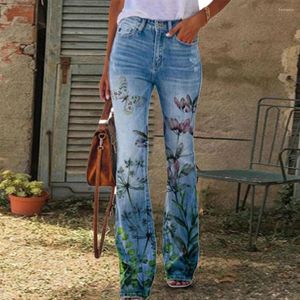 Women's Jeans High Waist Button Zipper Pockets Straight Leg Imitation Blooming Flower Pattern Long Casual Trousers