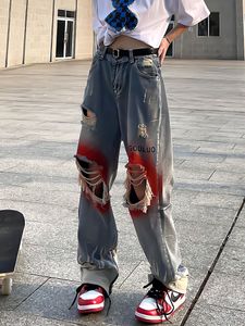 Damen Jeans Retro Streetwearflame Print Y2k Blau Mode Zerrissene Hose mit weitem Bein Hip Hop Gothic Harajuku Hohe Taille Damenhose 230530