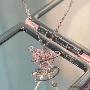 Pendant Necklaces Fashion Pink Planet Heart Zircon Necklace Women Charm Aesthetic Chain Valentines Day Gift Party Jewelry