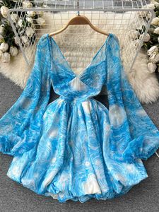 Casual Dresses Women's Romantic Starry Sky Print Lantern Sleeve Dress Summer Vacation Fashion Party Vest P230530