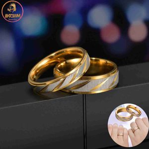 Band Rings Akizoom 6mm Stainless Steel Lovers Couple Rings Wave Pattern Wedding Promise Gold Color Ring for Women Men Engagement Jewelry J230531