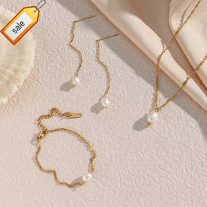 Freshwater Pearl Bridal Jewelry Set 18K Gold Plated Water Wave Chain Pendant Necklace Tassel Stud Earring