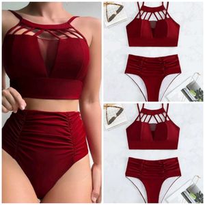 2023 Cut Ruffled Bikini High midja Kvinnor Solid Red Beach Suit Badrum Badkläder P230530