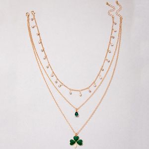 Catene INS Trendy Green Clover Pendant Neckalce per le donne Multistrato Nappa Crystal Stone Collare regolabile per gioielli da festa 23343