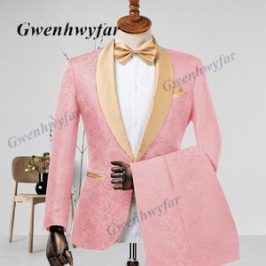정장 Gwenhwyfar 최신 디자인 2022 Slim Fit Light Pink Jacquard 재킷 파티 턱시도 남성 드레스 금색 버튼 웨딩 신랑 정장