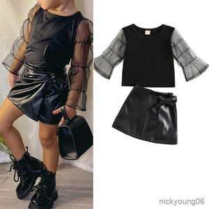 Clothing Sets Spring Autumn Girls Mesh Sleeve Neck and Black Leather Skirt Baby Clothes Children Kids Outfits