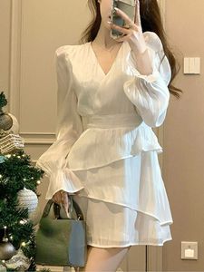 Party Asymmetrical White Dress New Fashion French Style Long Sleeve V Neck Dress for Women 2023 Elegant Chic Y2K Mini Dress