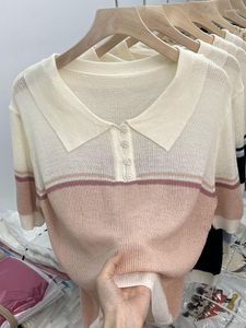 T-shirt da donna T-shirt da donna coreana Patchwork rosa manica corta Camicia divertente Y2k Vintage Harajuku Fashion Polo-Neck Tee Crop Top 2023