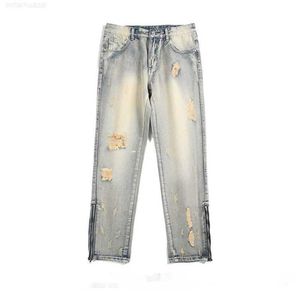 2023 Spring/summer High Street Yellow Mud Dyed and Washed Straight Tube Trousers with Broken Holes Zipper Fashion Brand Jeans