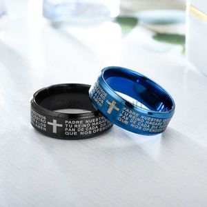 Bandringar män ring rostfritt stål svart färg Jesus Cross Ring Letter Bibeln vers bönfingerringar för män 8mm amulet smycken J230531