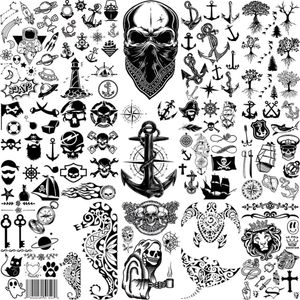 Tattoos Anchor Pirate Skull Temporary Tattoos For Women Adult Men Kids Boy Astronaut Ship Seahorse Fake Tattoo Neck Arm Hand Small Tatoo