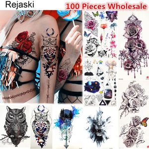 Tatueringar rejaski 100 stycken grossist original tillfällig tatuering flash body art rose tatue för män kvinnor falska diy uggla henna tatuering klistermärke