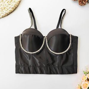 Women's Tanks Women Black Beige Red Bustier Crop Top Diamonds Camisole With Bra Cut Korean Fashion To Wear Out High Street Club Party Tops