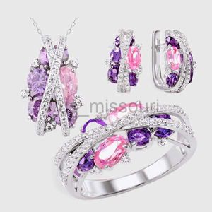 Band Rings Amethyst Pink Jewelry Sets for Women Cross Infinite Ring Earring Necklace Wedding Brid Set Valentines Day Gift Conjuntos De Joya J230531