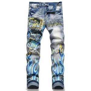 Модные стройные мужские джинсы Печать и окрашивание прямых джинсовых штанов ретро -синие брюки мужские брюки