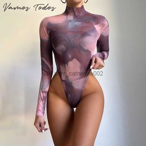 Kadın Tulumları Tulumlar 2021 Sonbahar Çok Renkli Baskı Bodysuit Kadınlar Giysileri Kravat Boya O boyun boyunlu tek parça vücut takım elbise seksi dipli Playsuit T230531