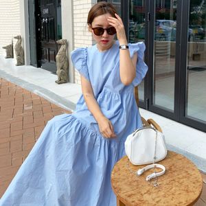 Kvinnors o-hals ruffles ärm Söt Sött färg Korean Fashion Loose Maxi Long Dress