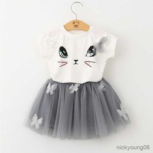 Completi di abbigliamento Ragazze per bambini 2 pezzi T-shirt estive per gatti carini Gonne Vestiti per ragazza stampati a maniche corte per bambini