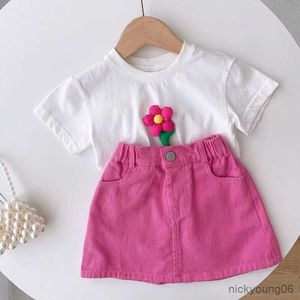 Kläder set sommarflickor kort kjol set blommor vit ärm t-shirt halv 2-delad mode barn baby