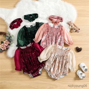 Conjuntos de roupas macacões de outono para bebês meninas conjunto patchwork mangas compridas veludo macacão e bandana para bebê