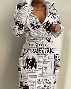 Casual Dresses Leisure Newspaper Printing Waist Sweatshirt Dress Women's Pocket Design Office Set White Midi Robe P230530