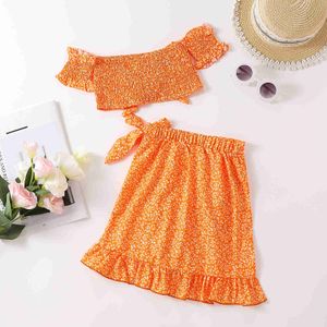 Zestawy odzieży 4-9Y Summer Słodki Dziewczyny Ubrania Kwiatowe ramię Top Ruffle spódnice Butique Dzieci moda 2pcs