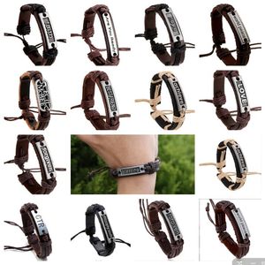 100 % echtes Rindsleder-Armband für Männer und Frauen, LIEBE, Traum, Stille, Glaube, Vergebung, Glaube, Hoffnung, Seil, verstellbares Armband, 50 Stück/Menge