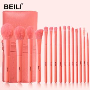 Brushes BEILI 15pcs Makeup Brushes Coral Red High Quality Synthetic Hair Foundation Powder Blush Brow Eyeshadow Make up Brush Set