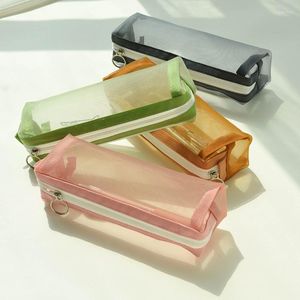 Söt transparent blyertsfodral Mesh Makeup Lagringshållare Pouch Solid Color för resekosmetika Stationer. Små hantverk