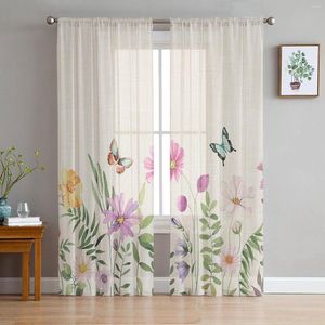 Cortina primavera flor borboleta tule cortinas para sala de estar quarto chiffon moderno cozinha transparente