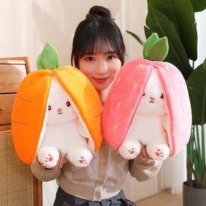 Plush Pillows Cushions 18CM Creative Carrot Strawberry Bag Transform To Rabbit Toys Lovely Long Ears Bunny Stuffed Soft Doll Kawaii Kids Gifts 230530